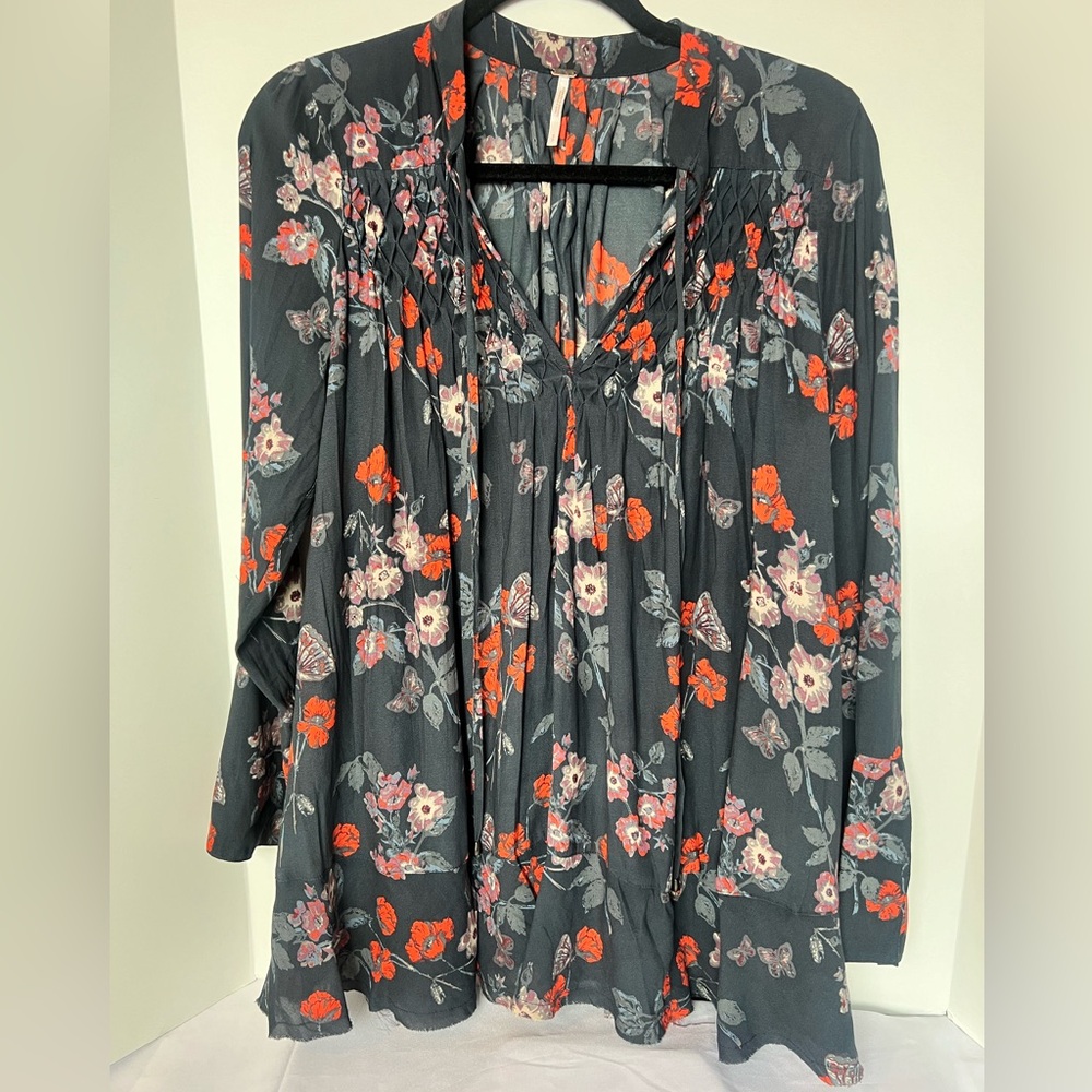 Free People Dark Blue Floral Flowy Shirt